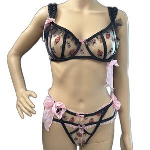 For Love & Lemons Sheer Rose Embroidered Lingerie Set Bra L Thong Bottom M